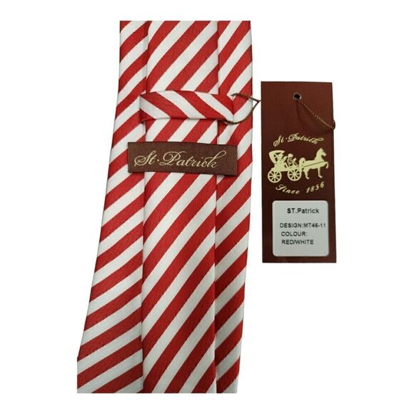MEN'S ST. PATRICK RED/WHITE THIN DIAGONAL STRIPE TIE & POCKET SQUARE SET. - Picture 3 of 4